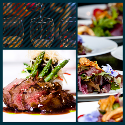 Collage of gourmet dishes and drinks featuring glasses of wine, a plated steak with asparagus and sauce, and a fresh salad with edible flowers and crispy toppings.