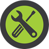 Green circle with a wrench and a screwdriver