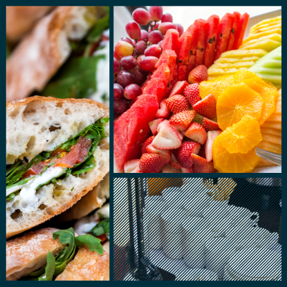 Collage featuring sandwiches with arugula, tomato, and cream cheese on rustic bread, a colorful fruit platter with grapes, watermelon, strawberries, and orange slices, and a blurred image of people walking through a glass-covered area.
