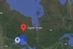 Map of Northern Ontario with red pin indicating locating of Ogoki River
