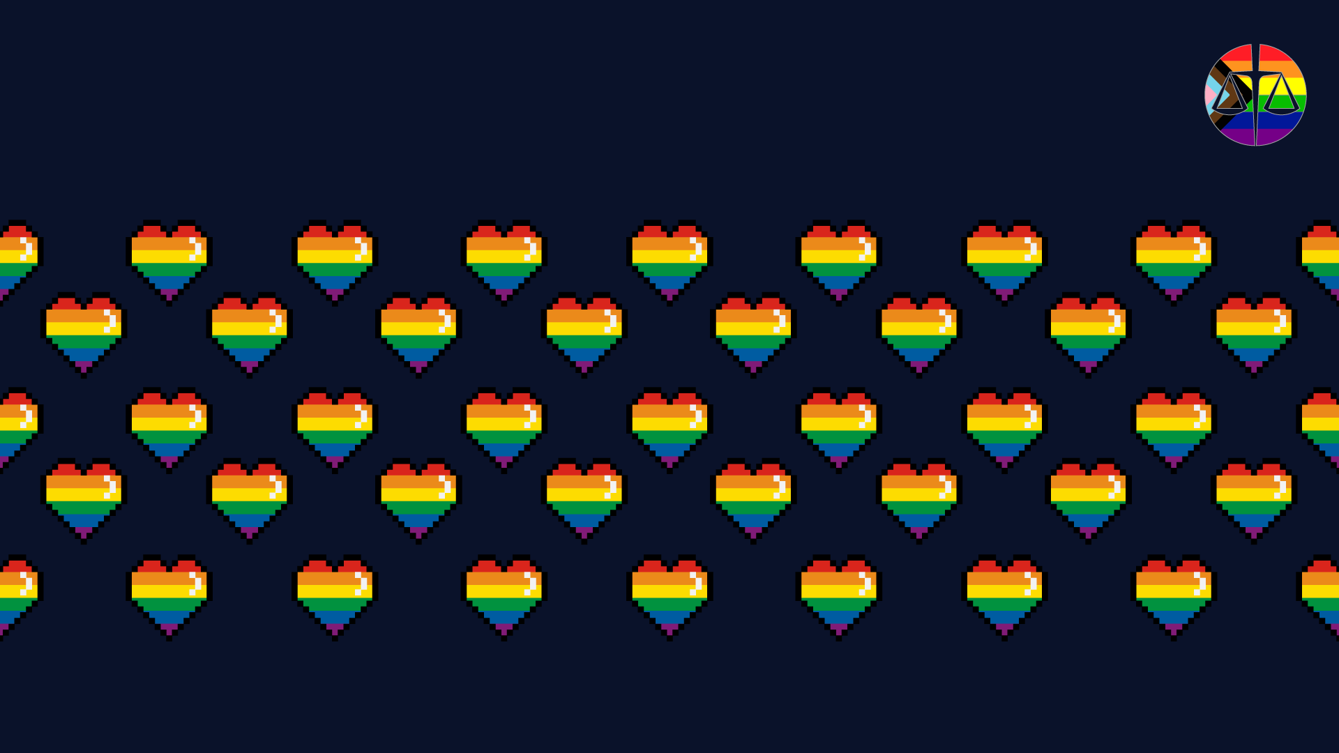 Multiple rainbow-striped heart icons arranged in rows on a dark background, with a circular OBA Pride logo in the top-right corner.