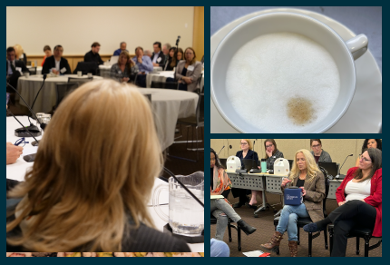  A dynamic collage depicting a professional workshop setting with engaged participants, a close-up of a frothy cappuccino, and a discussion circle fostering collaboration and exchange of ideas.