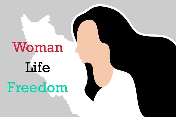 illustration of women with flowing hair superimposed on outline of Iran with "Woman Life Freedom" slogan written in English and Arabic