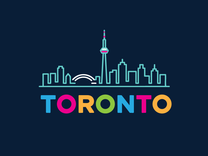 Colourful Toronto skyline illustration featuring the CN Tower, with “TORONTO” displayed below.