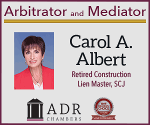 Arbitrator and Mediator Carol Albert professional profile banner with portrait, ADR logo, and affiliation details