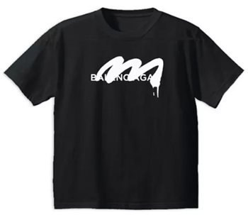 black t-shirt with what appears to be 'Balenciaga' written across it, but overlaid with a squiggle that obscures some of the letters