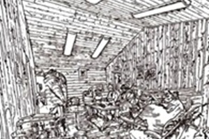 black and white illustration of inside of rustic, one-room courthouse