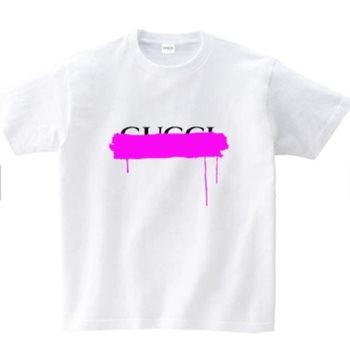 white t-shirt with what appears to be 'Gucci' written on it, but with half of the letters obscured by pink paint-like splatter