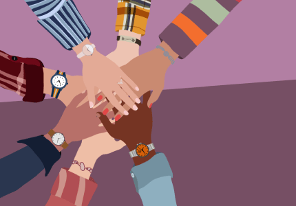 Illustration of diverse hands stacked together in teamwork and unity