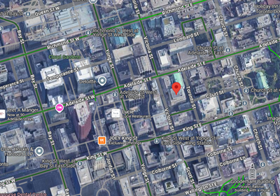 Overhead view of downtown Toronto with red pin indicating location of OBA Conference Centre.